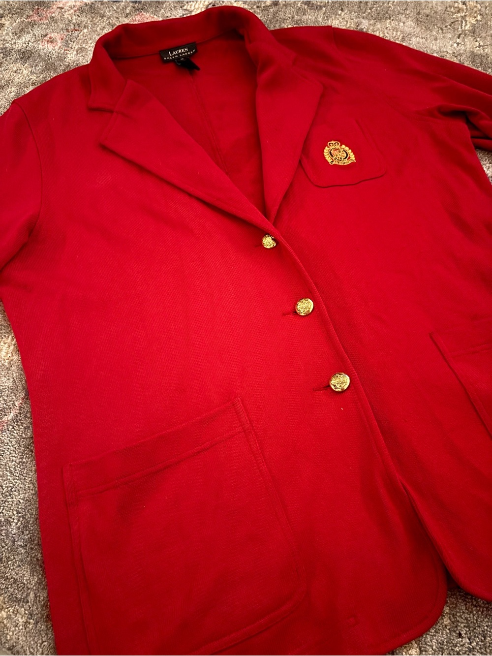 Vintage Ralph Lauren Red Knit Blazer with Gold Crest Buttons